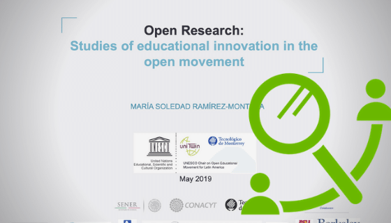 Screenshot of a website stating: Open Research, studies of educational innovation in the open movement. A green icon with a magnifying glass and two silhouettes.