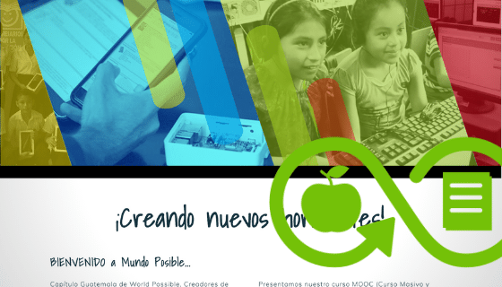 Screenshot of website with the title '¡Creando nuevos horizontes!'; and a green icon with the infinite symbol, an apple and a notebook.