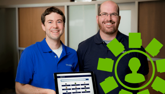 Two men holding a laptop and smiling; a green icon with the silhouette of a person and folder surrounding it. 